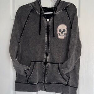 Gray Zip-Up Hoodie with Skull Graphic